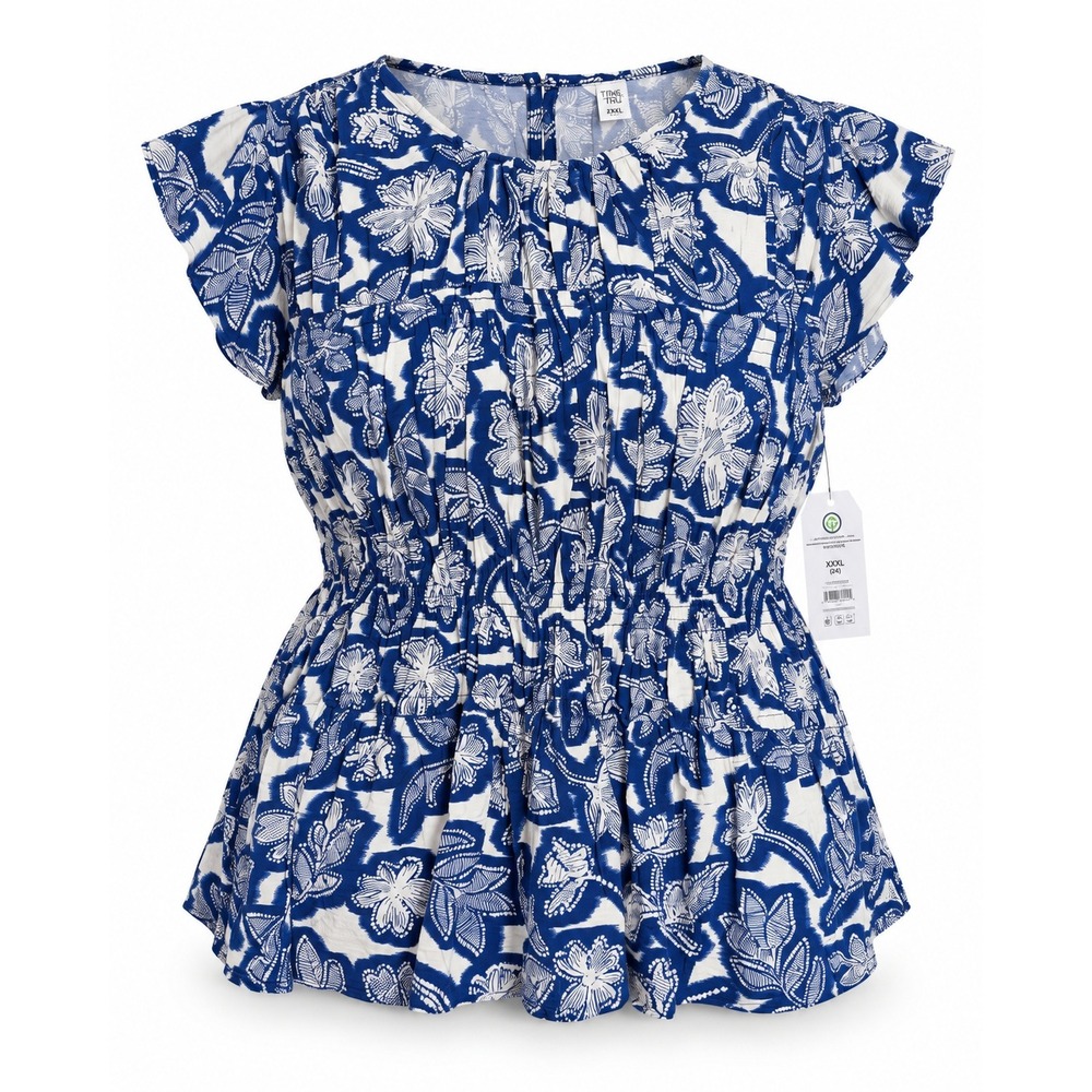 Time and Tru Floral Smocked Peplum Top NWT XXXL 22 Blue White Flutter Sleeve